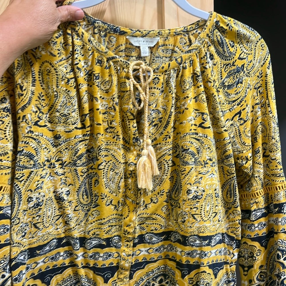 Lucky Brand Mustard and Navy Paisley Blouse